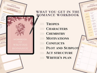 WHAT YOU GET IN THE ROMANCE WORKBOOK : 
TROPES ; CHARACTERS CHEMISTRY ; MOTIVATIONS ; CONFLICTS ; PLOT AND SUBPLOT ; ACT STRUCTURE ; WRITER'S PLAN