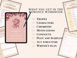 WHAT YOU GET IN THE ROMANCE WORKBOOK : 
TROPES ; CHARACTERS CHEMISTRY ; MOTIVATIONS ; CONFLICTS ; PLOT AND SUBPLOT ; ACT STRUCTURE ; WRITER'S PLAN