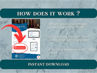 HOW DOES IT WORK ? 
After your purchase, download the PDF
Click on the link to copy the spreadsheet
Fill the sheets with your data