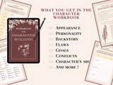 What you get in the character workbook : Appearance ; personality ; backstory ; flaws ; goals ; conflicts ; character's arc