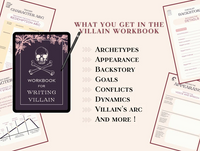 What you get in the villain workbook : Archetypes ; appearance ; backstory ; goals ; conflicts ; dynamics ; villain's arc