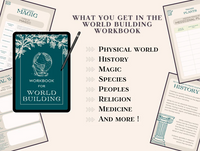 WHAT YOU GET IN THE WORLD BUILDING : WORKBOOK ; PHYSICAL ; WORLD ; HISTORY ; MAGIC ; SPECIES ; PEOPLES RELIGION ; MEDICINE AND MORE !